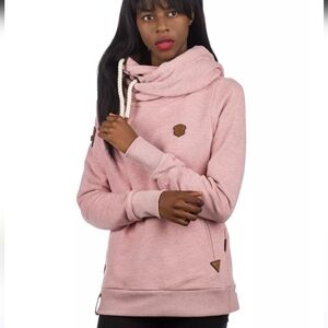 Naketano Cowl Neck Pink Hoodie Leather & Rope Details Size M Pockets Athleisure